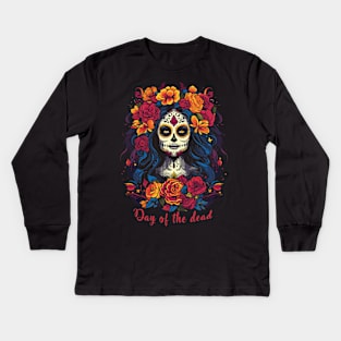 Day of the dead; el Día de Muertos; Mexico; Mexican; sugar skull; beautiful; woman; colorful; bright colors; black shirt; skeleton; celebration; celebrate; party; fiesta; halloween; dark; skull; Kids Long Sleeve T-Shirt